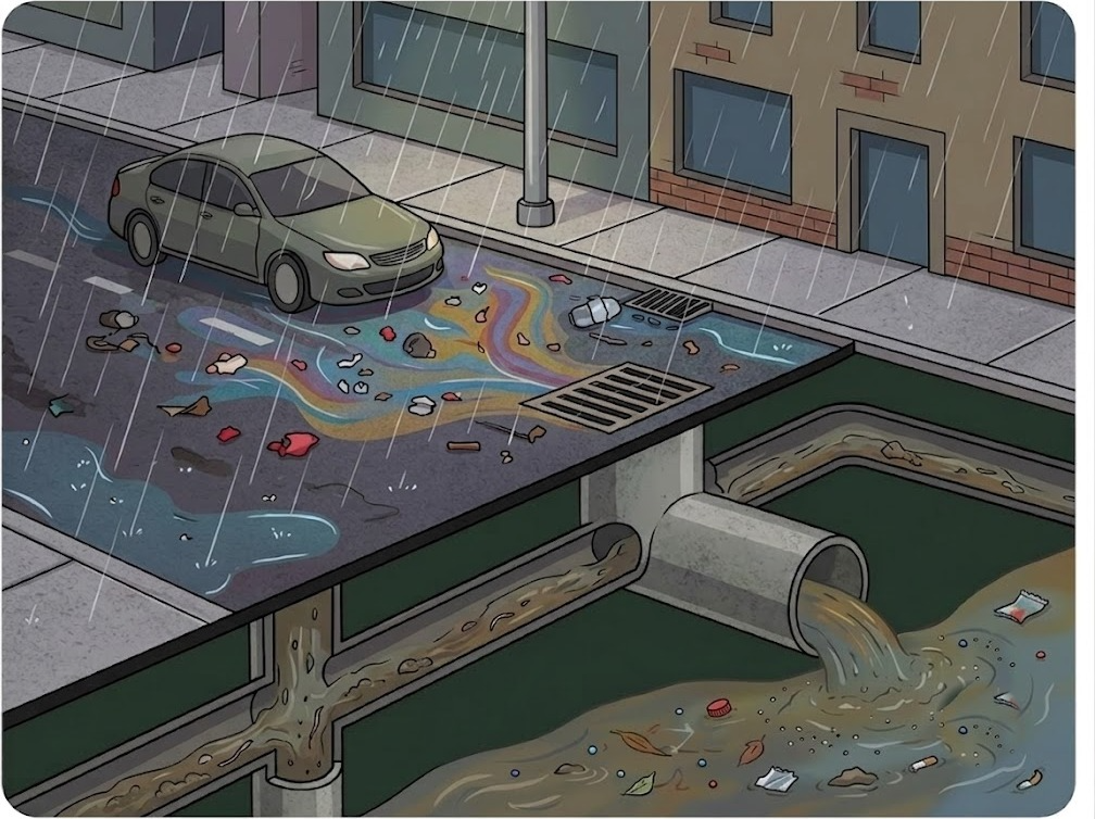 Polluted stormwater runoff carrying litter and oil into a drain and out to a waterway