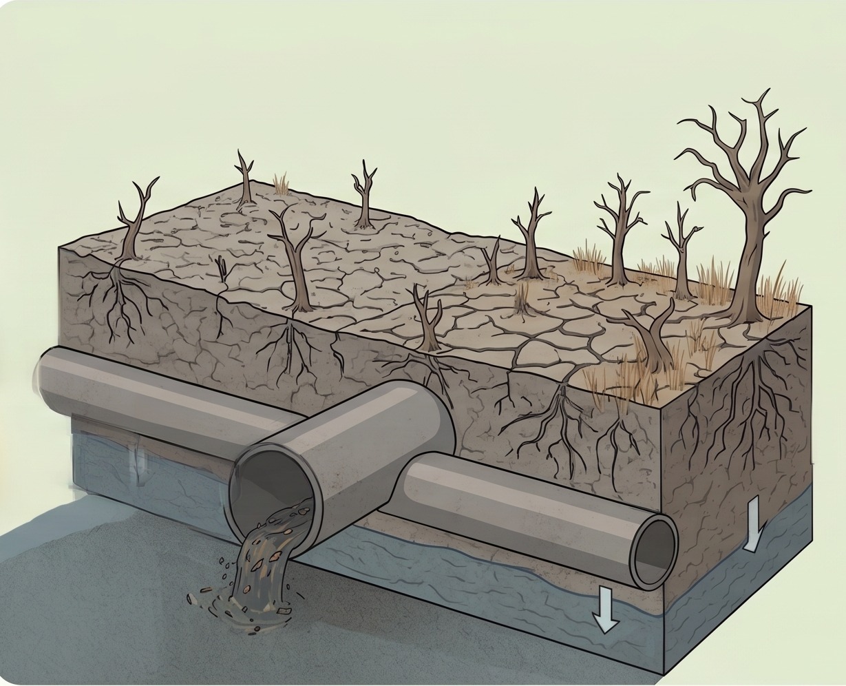Cracked, barren soil with dead trees as water is piped away below