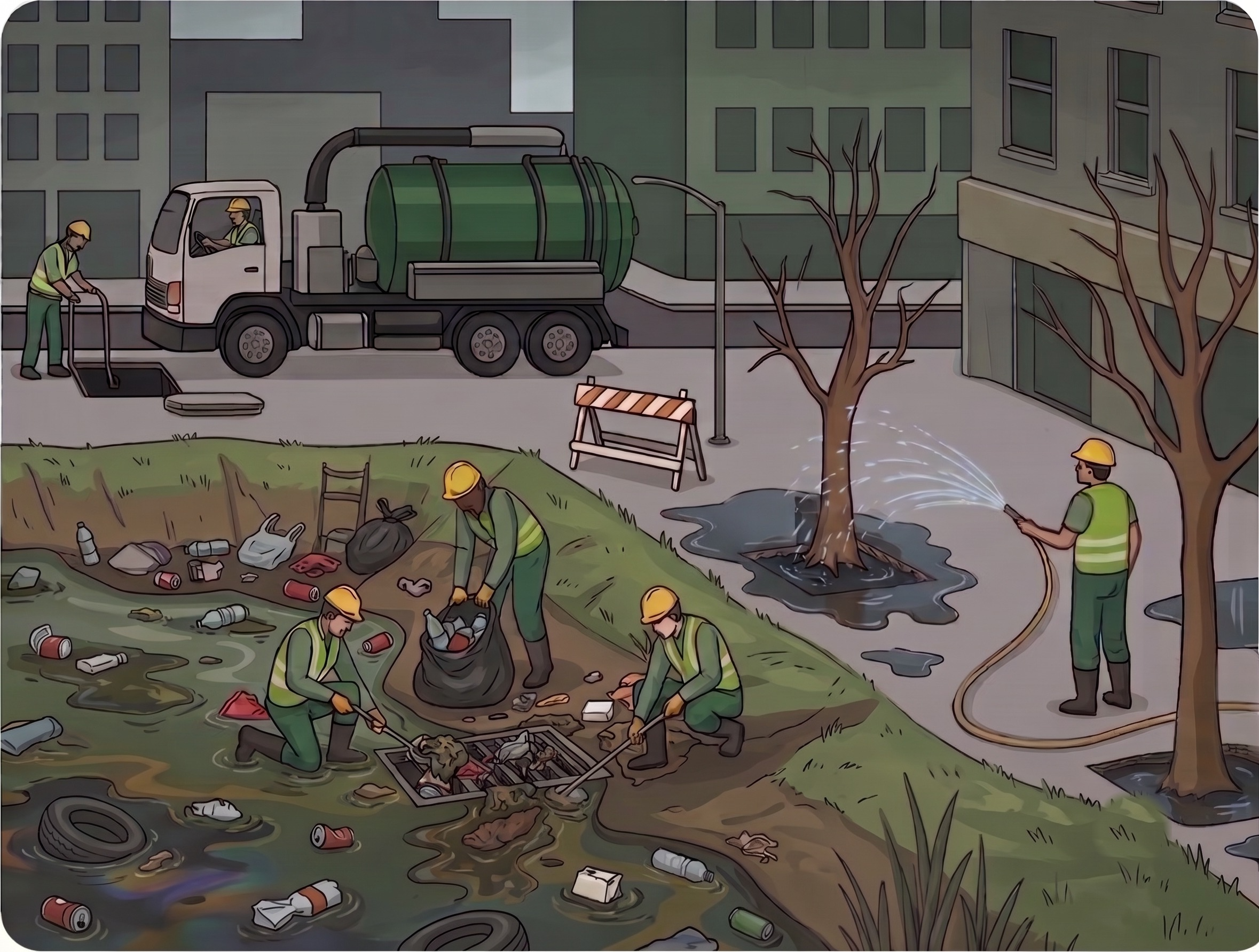Crews vacuum-cleaning drains and hand-watering struggling street trees