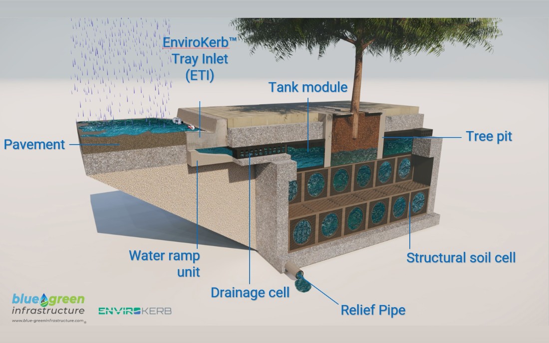 BGI Tree Pit System cutaway – EnviroKerb, ETI, tank module, structural soil cell, drainage cell